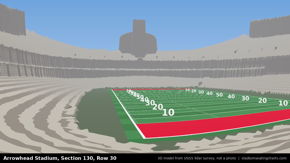 View from Arrowhead Stadium Section 130, Row 30, looking toward the field