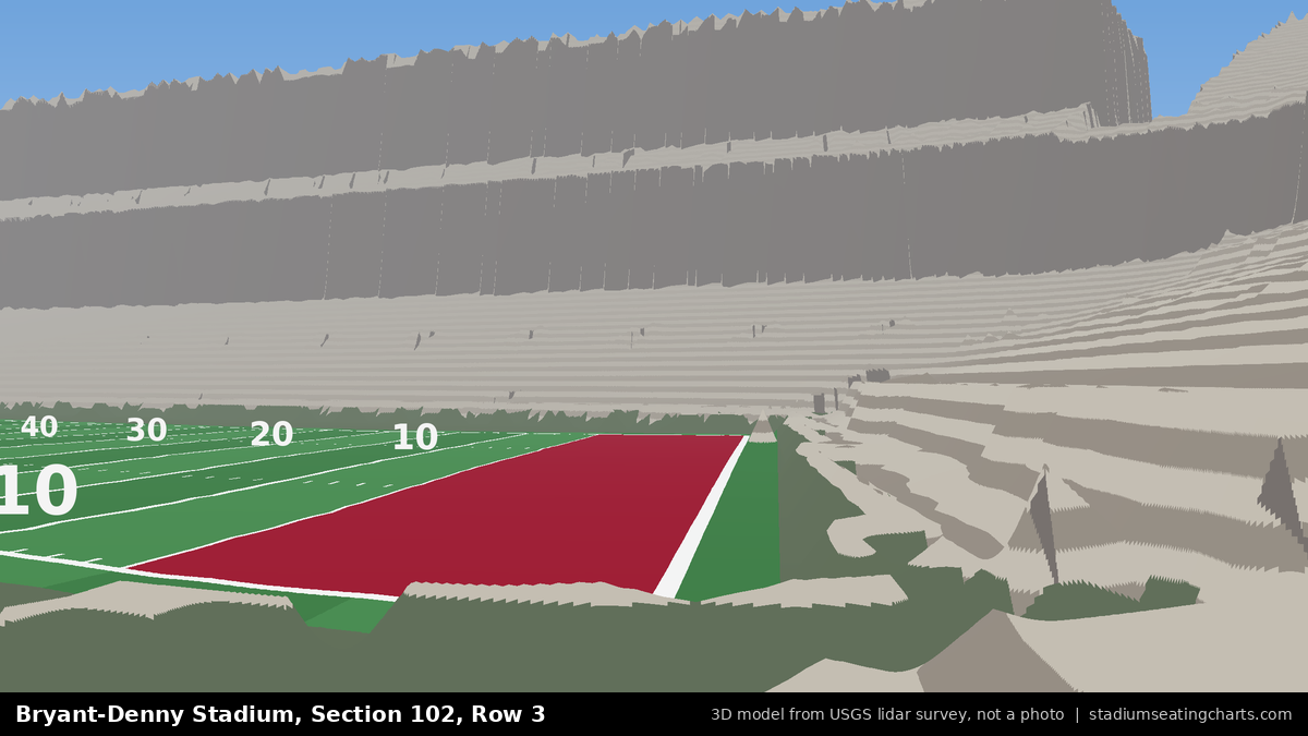 View from Bryant-Denny Stadium Section 102, Row 3, looking toward the field