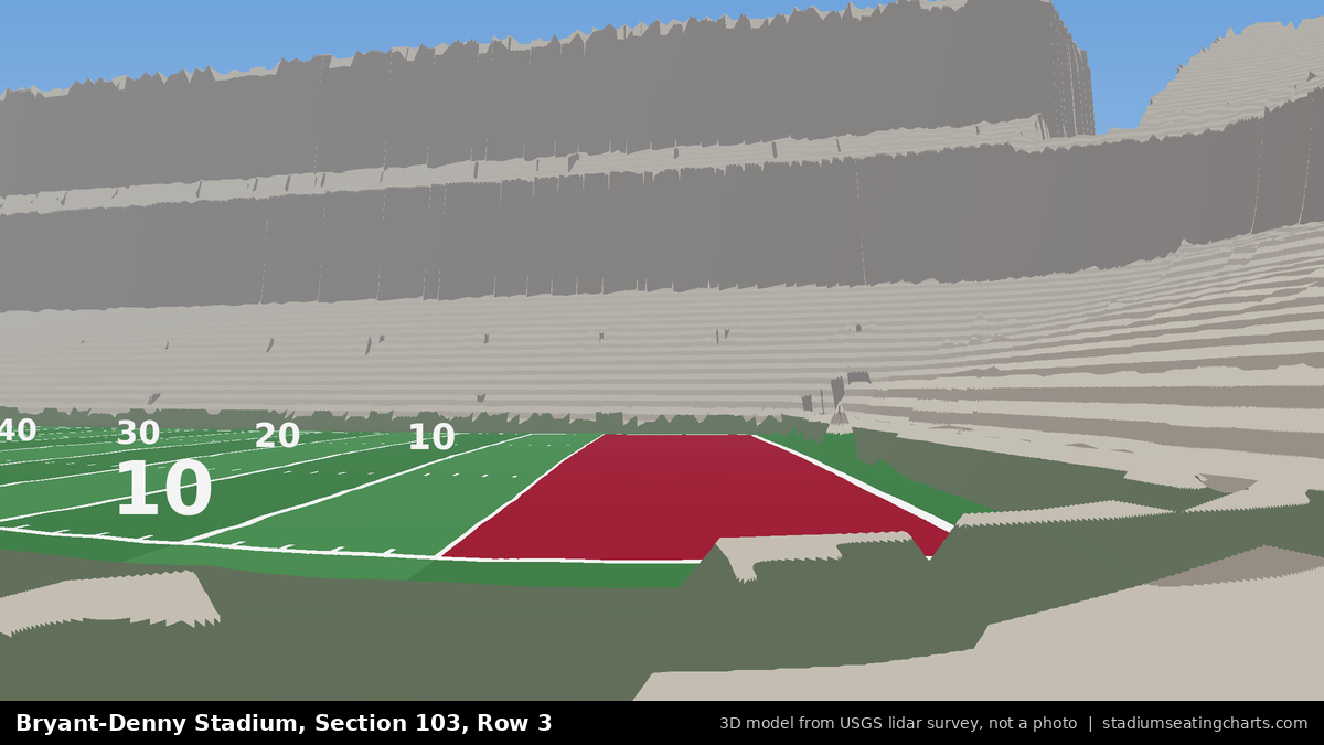 View from Bryant-Denny Stadium Section 103, Row 3, looking toward the field