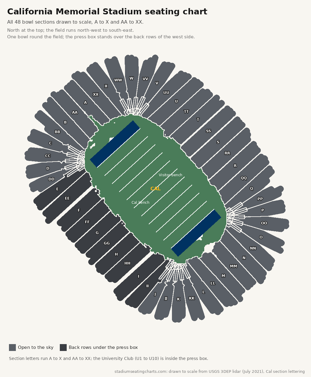 California Memorial Stadium seating chart with every section from A to XX