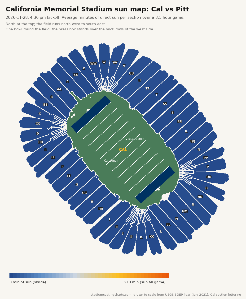 California Memorial Stadium sun map, Cal vs Pitt, 4:30 pm kickoff