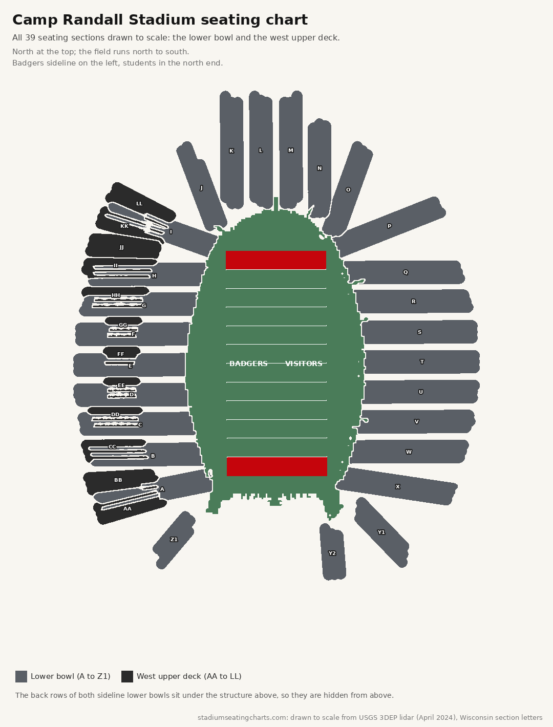 Camp Randall Stadium seating chart with the lower bowl and the west upper deck