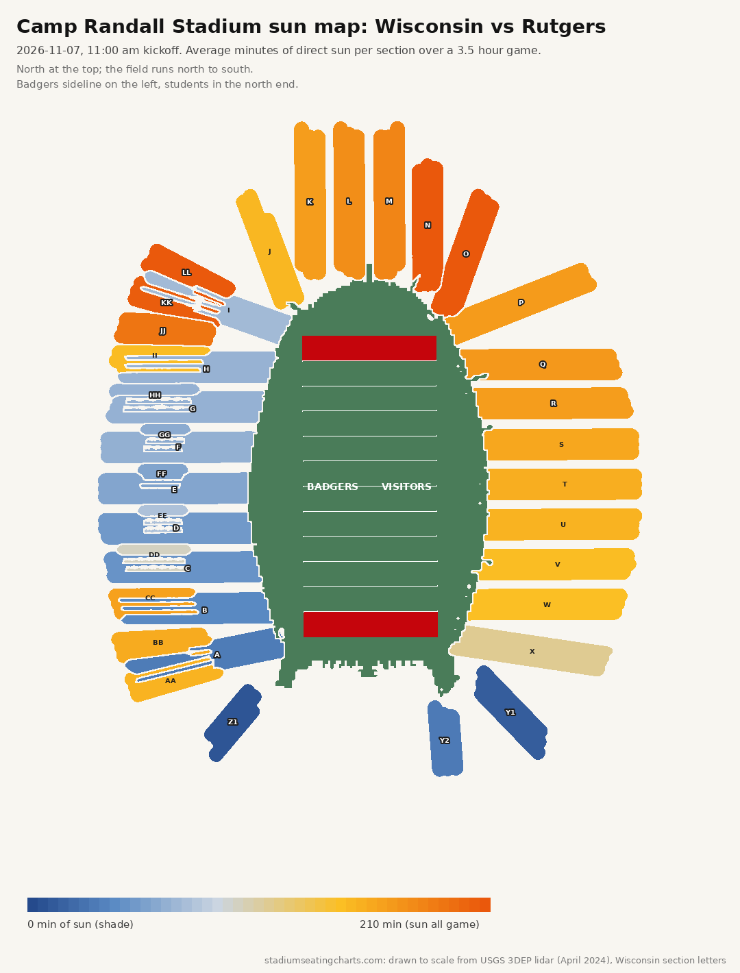Camp Randall Stadium sun map, Wisconsin vs Rutgers, 11:00 am kickoff