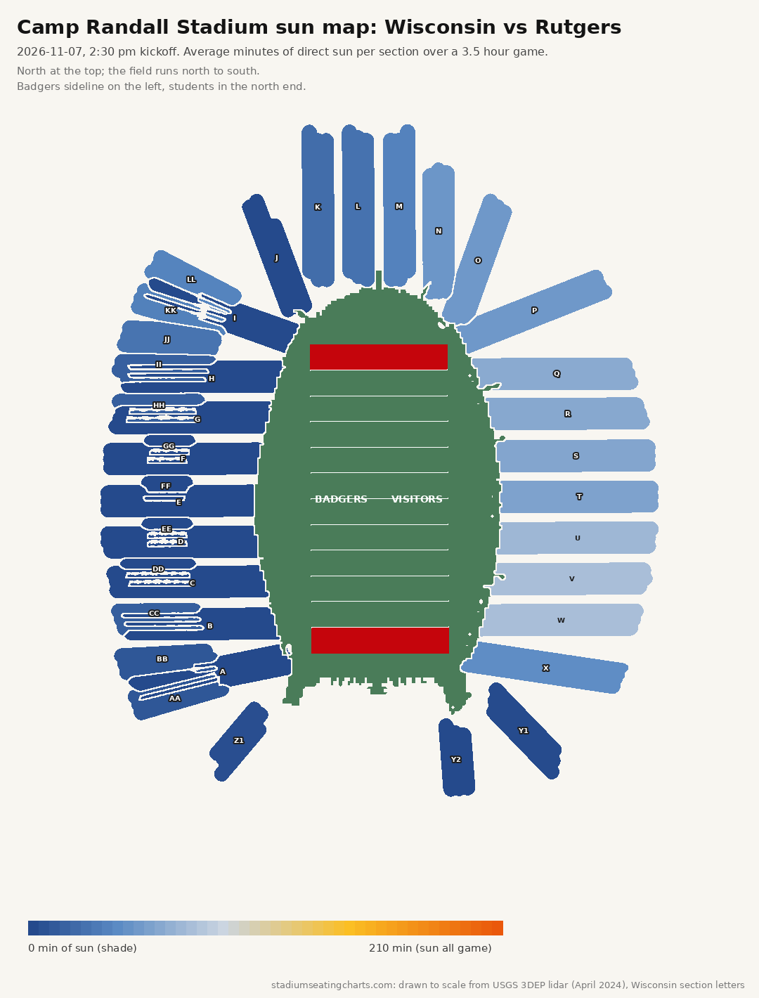 Camp Randall Stadium sun map, Wisconsin vs Rutgers, 2:30 pm kickoff