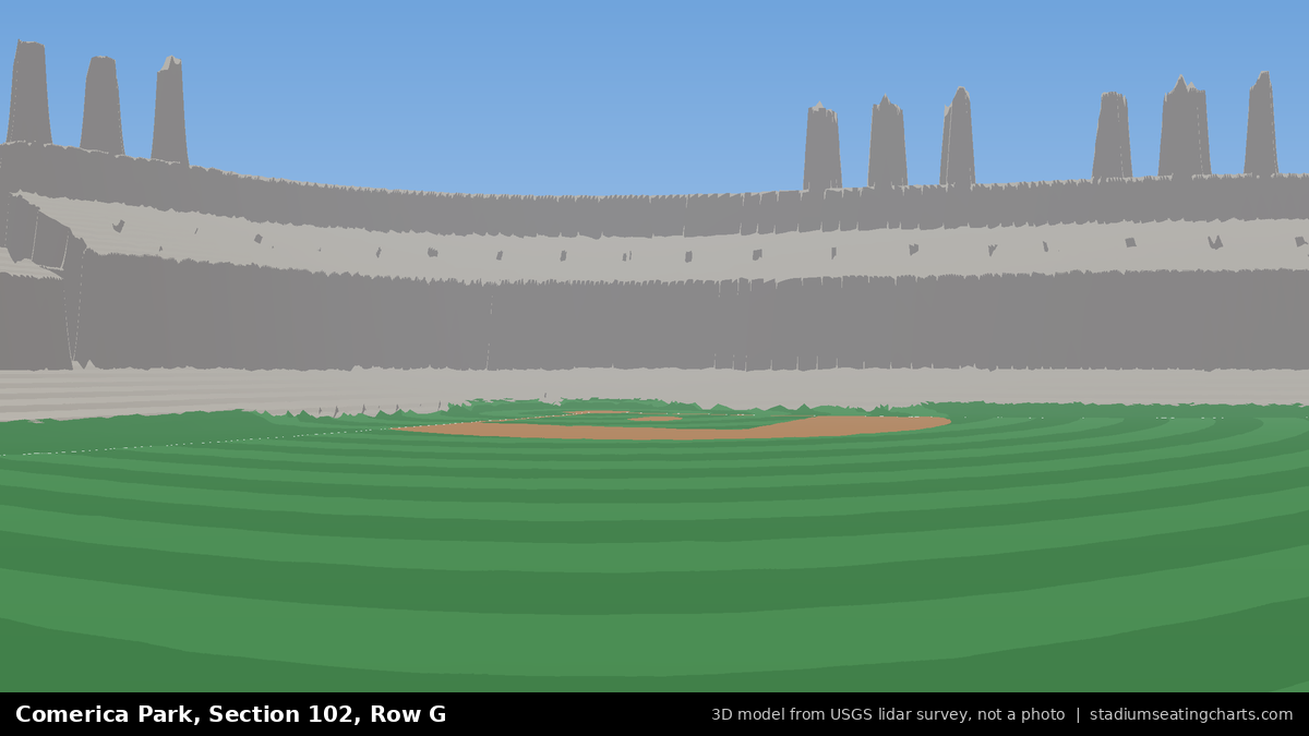 View from Comerica Park Section 102, Row G, looking toward the pitcher's mound
