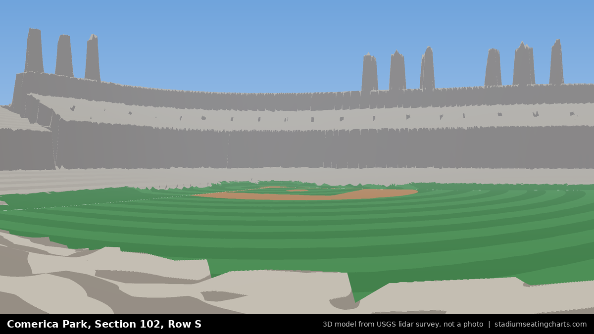 View from Comerica Park Section 102, Row S, looking toward the pitcher's mound