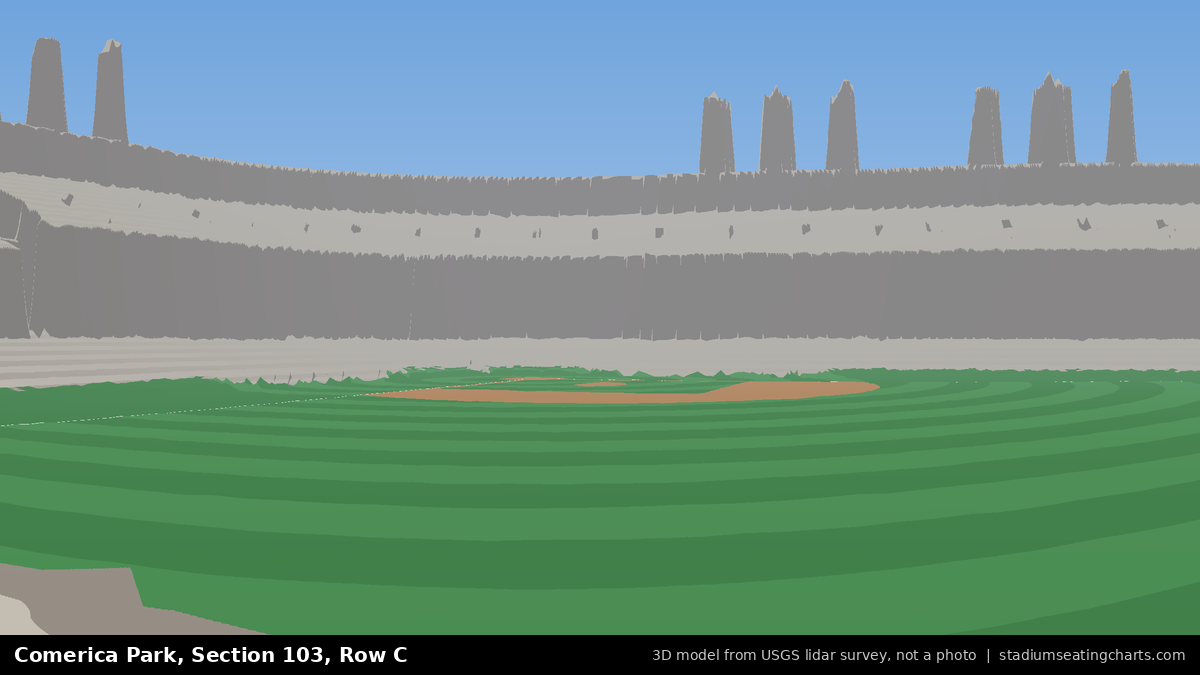 View from Comerica Park Section 103, Row C, looking toward the pitcher's mound