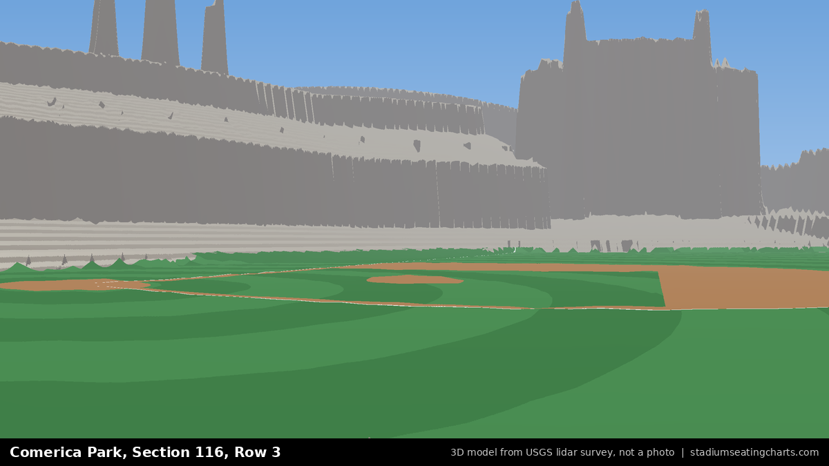 View from Comerica Park Section 116, Row 3, looking toward the pitcher's mound