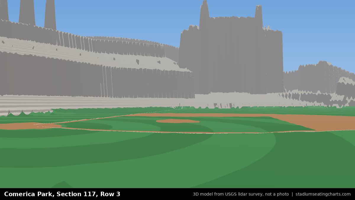 View from Comerica Park Section 117, Row 3, looking toward the pitcher's mound