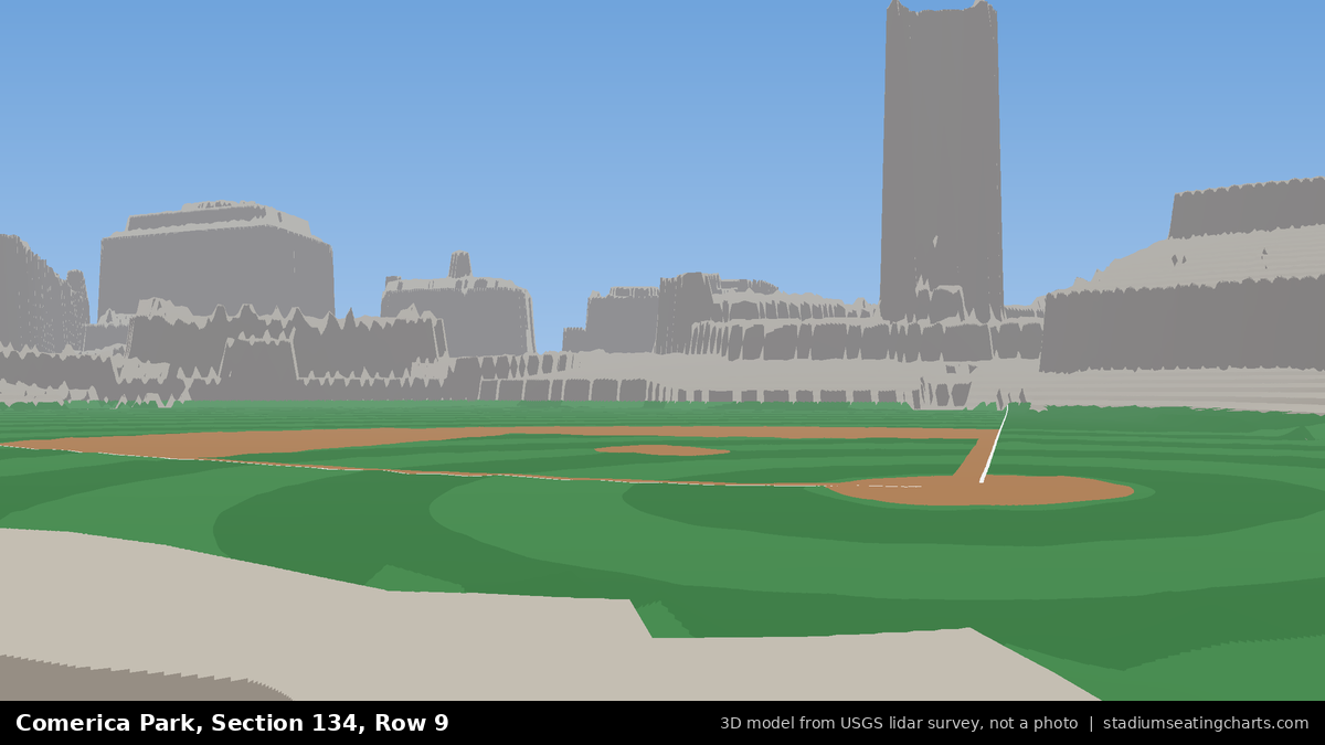 View from Comerica Park Section 134, Row 9, looking toward the pitcher's mound