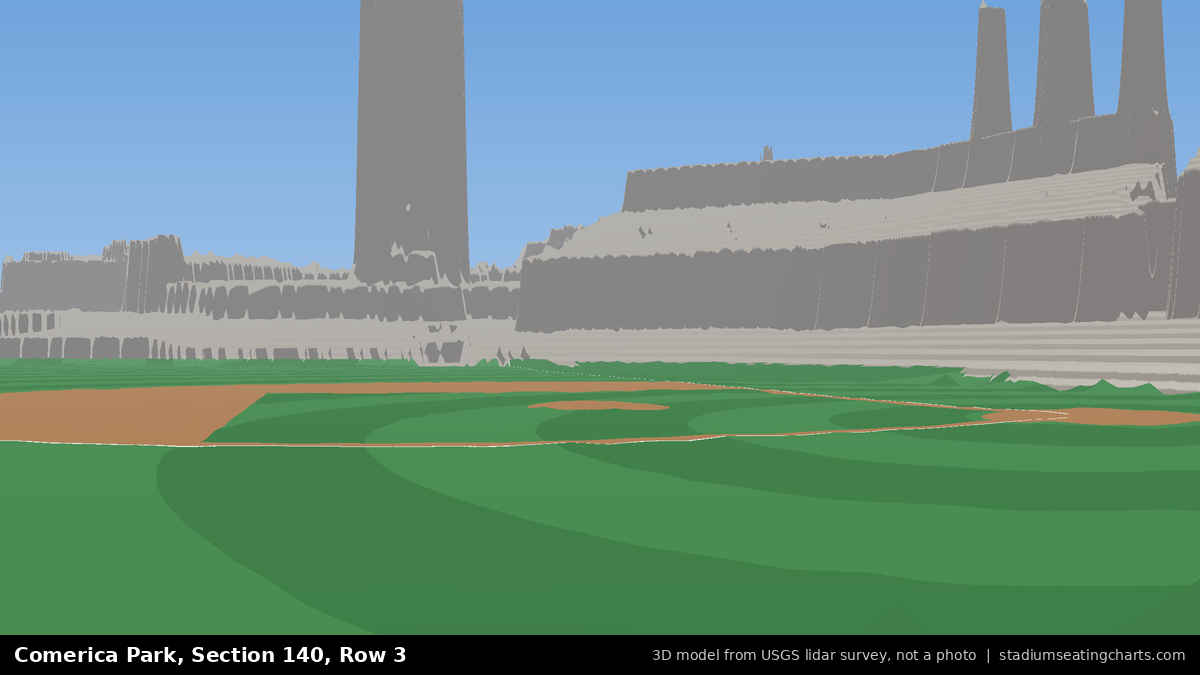 View from Comerica Park Section 140, Row 3, looking toward the pitcher's mound