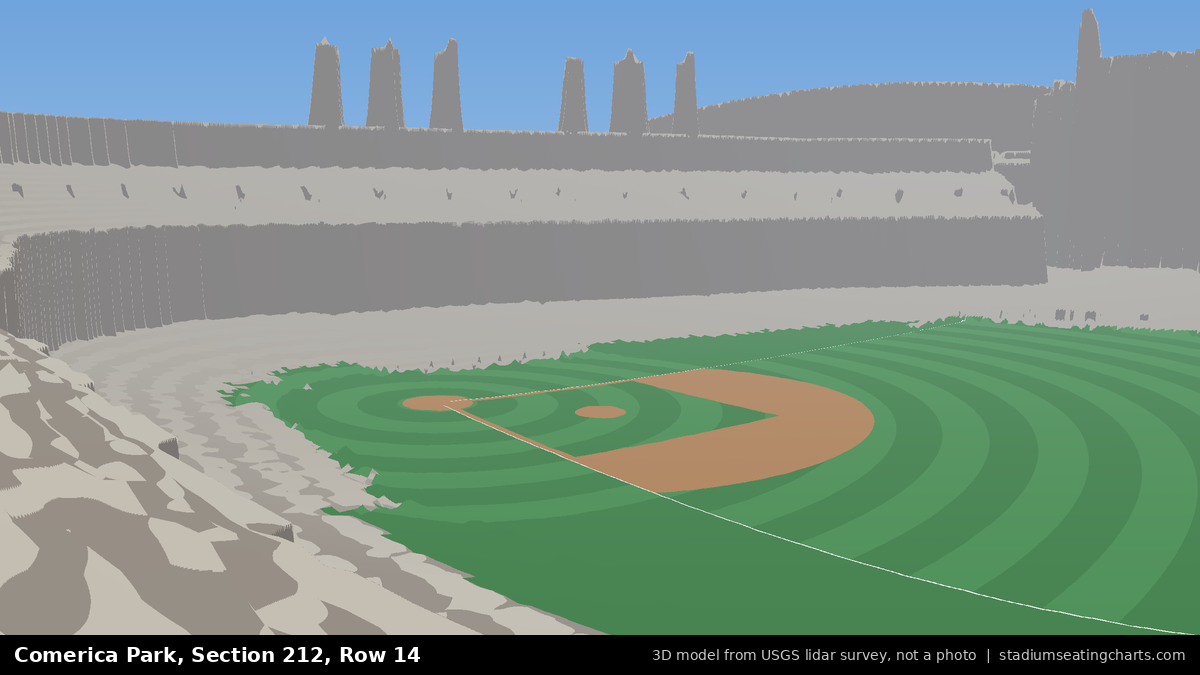 View from Comerica Park Section 212, Row 14, looking toward the pitcher's mound