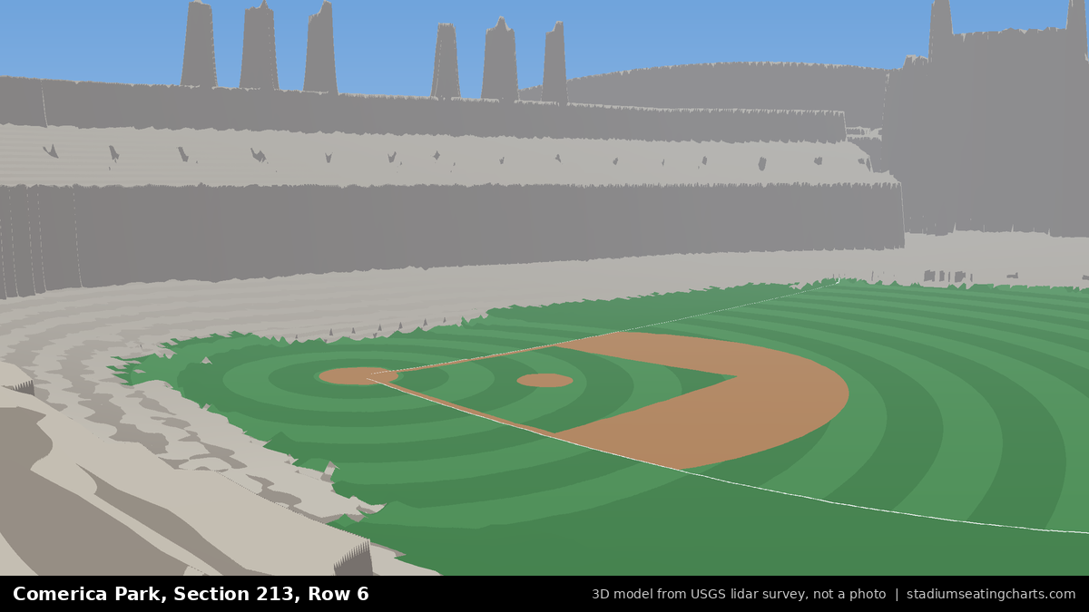 View from Comerica Park Section 213, Row 6, looking toward the pitcher's mound