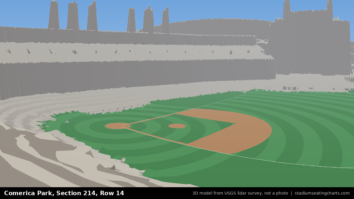 View from Comerica Park Section 214, Row 14, looking toward the pitcher's mound