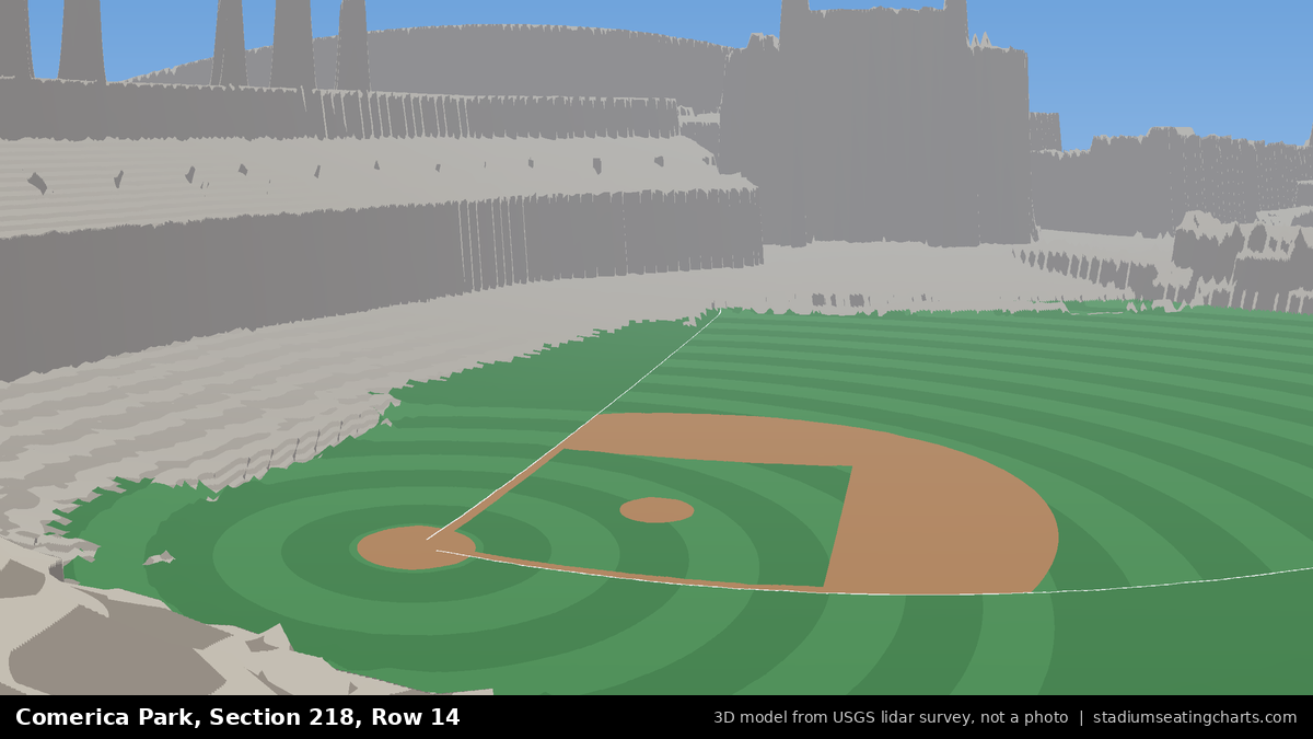View from Comerica Park Section 218, Row 14, looking toward the pitcher's mound
