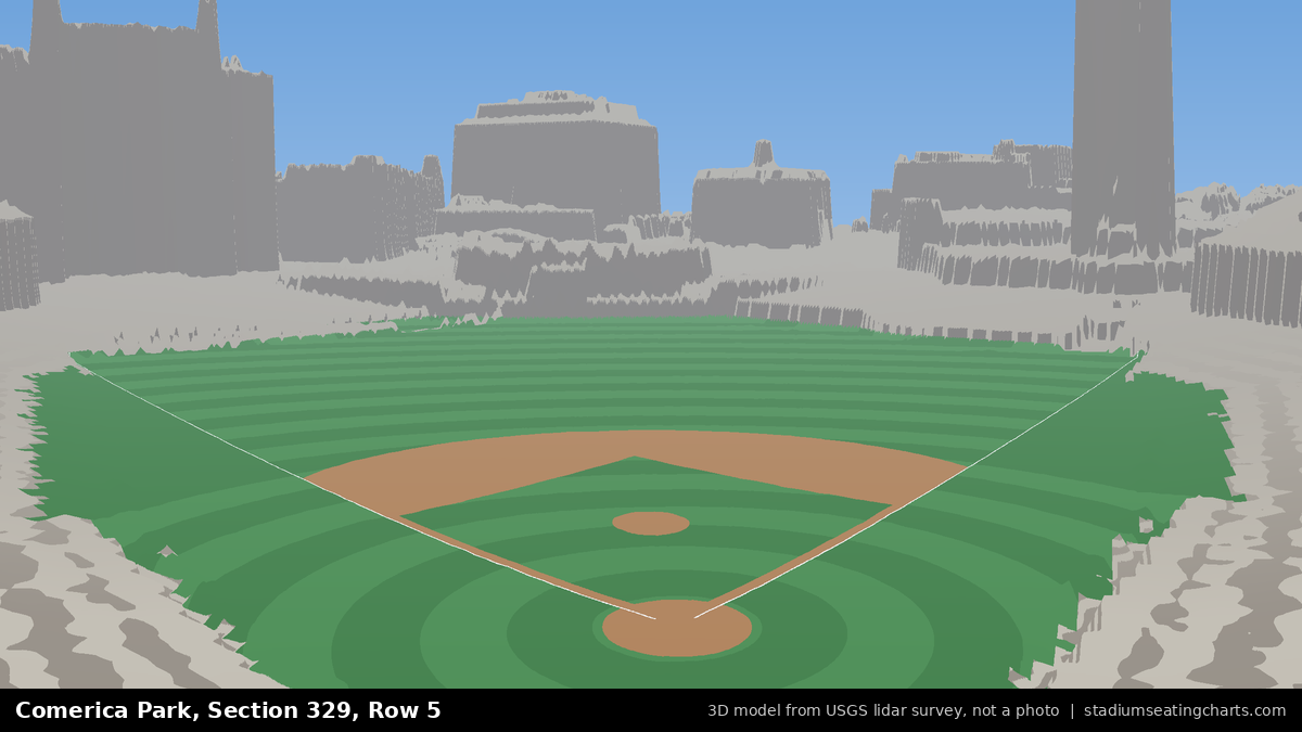 View from Comerica Park Section 329, Row 5, looking toward the pitcher's mound