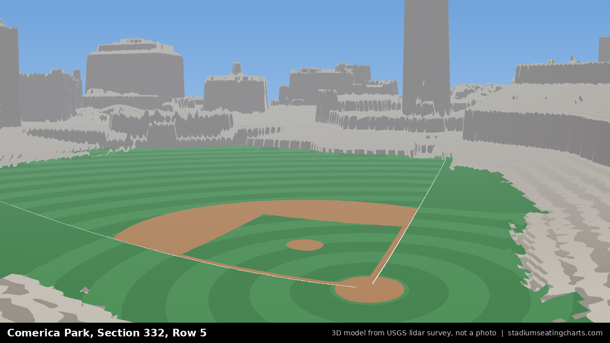 View from Comerica Park Section 332, Row 5, looking toward the pitcher's mound