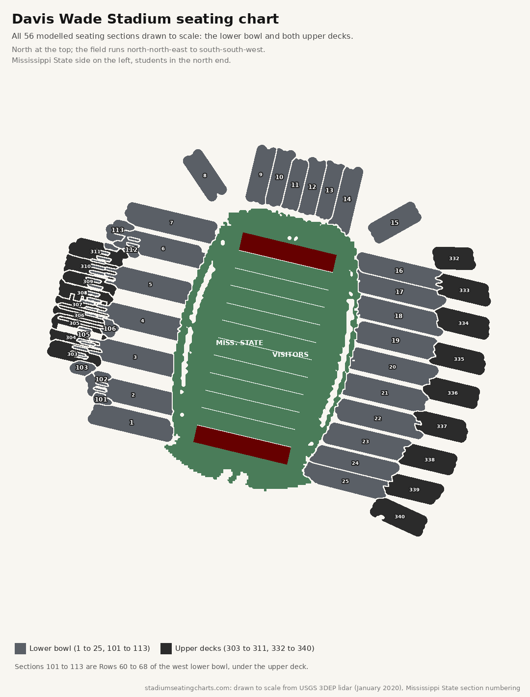 Davis Wade Stadium seating chart with the lower bowl and both upper decks