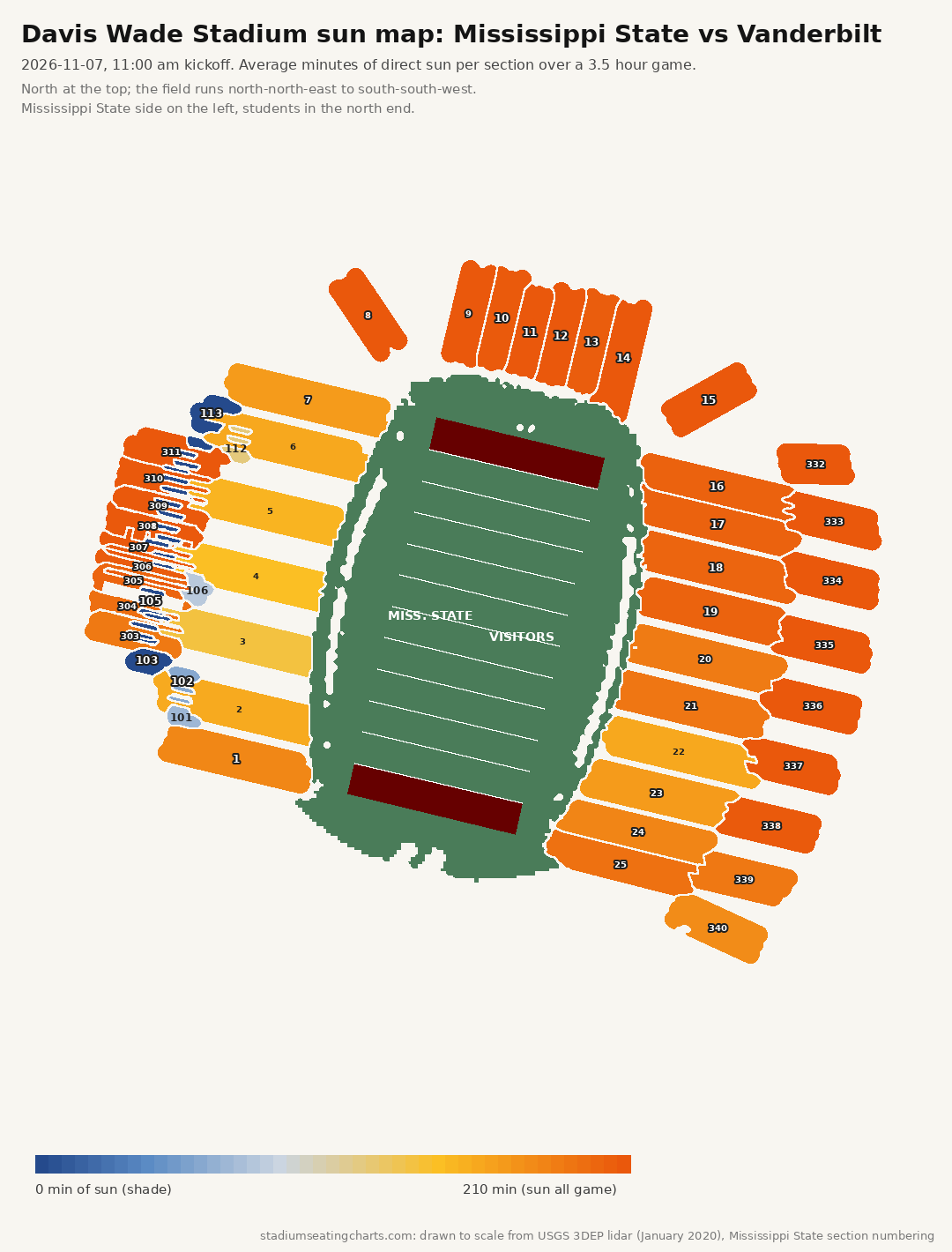 Davis Wade Stadium sun map, Mississippi State vs Vanderbilt, 11:00 am kickoff