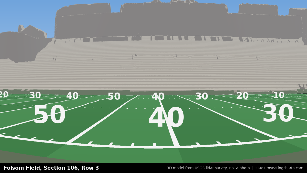 View from Folsom Field Section 106, Row 3, looking toward the field
