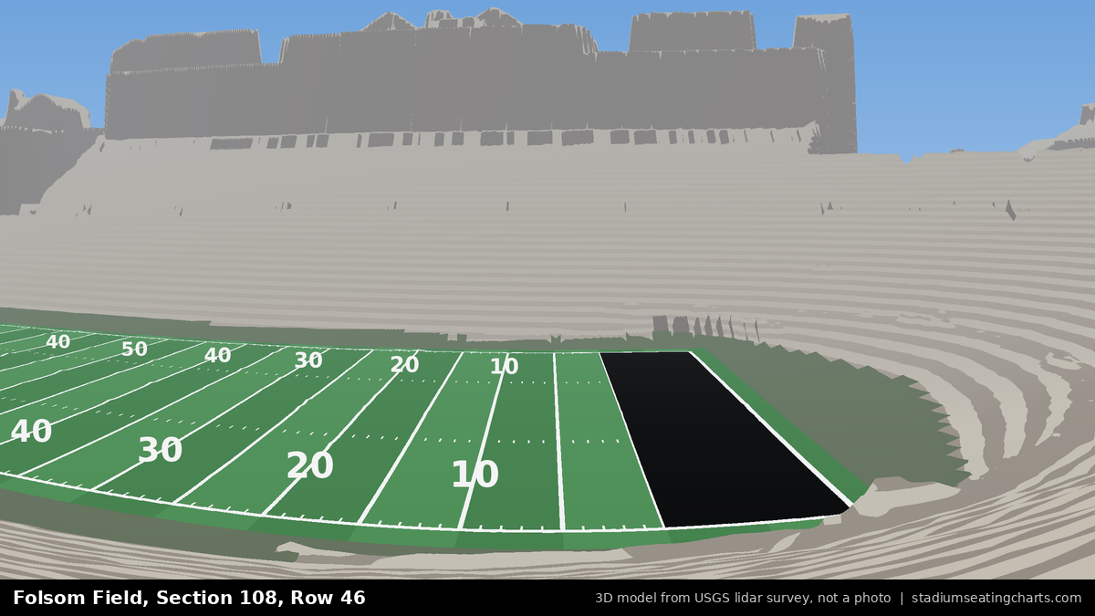 View from Folsom Field Section 108, Row 46, looking toward the field