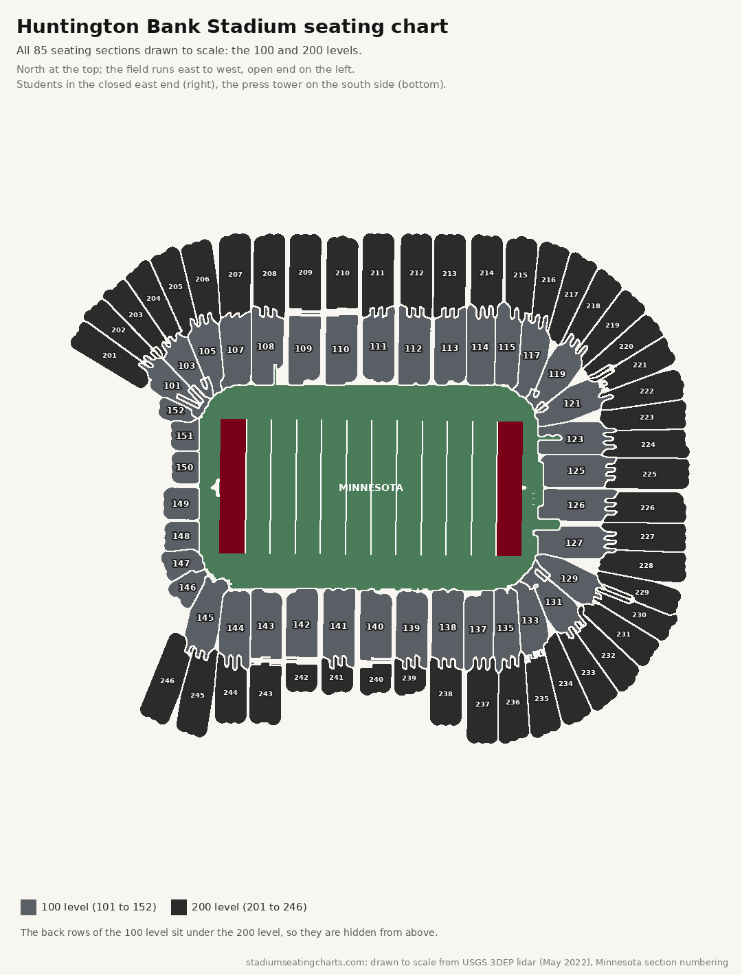 Huntington Bank Stadium seating chart with the 100 and 200 levels