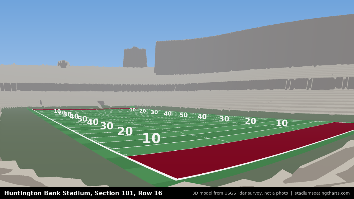 View from Huntington Bank Stadium Section 101, Row 16, looking toward the field