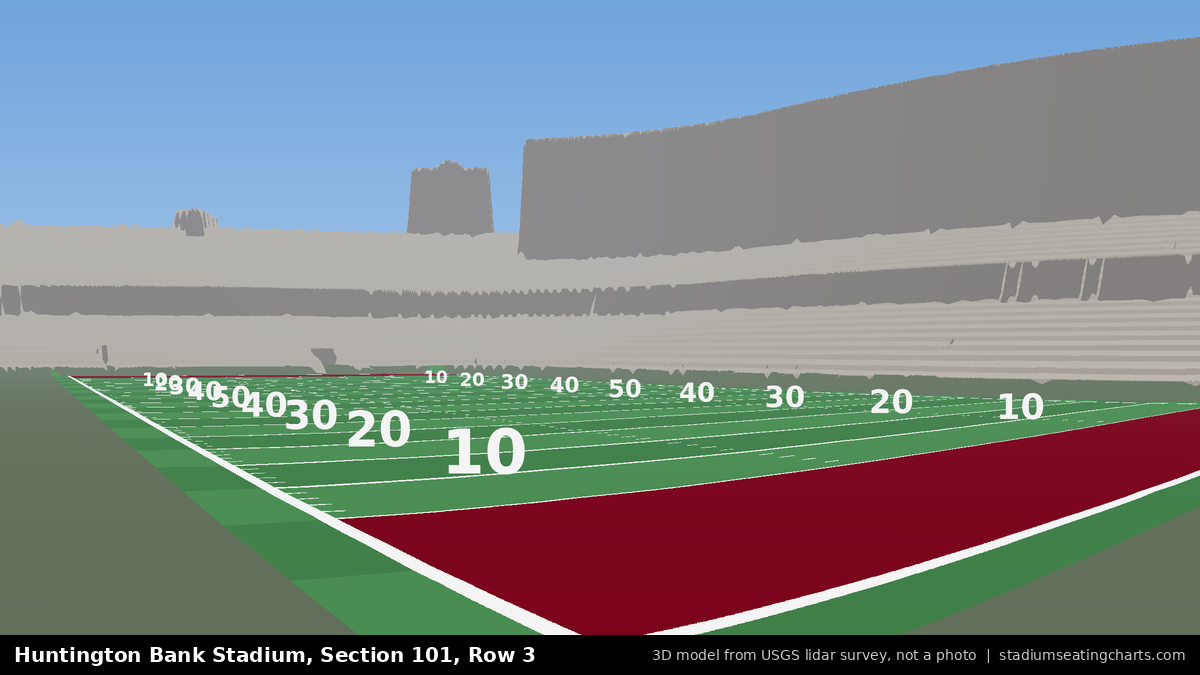 View from Huntington Bank Stadium Section 101, Row 3, looking toward the field