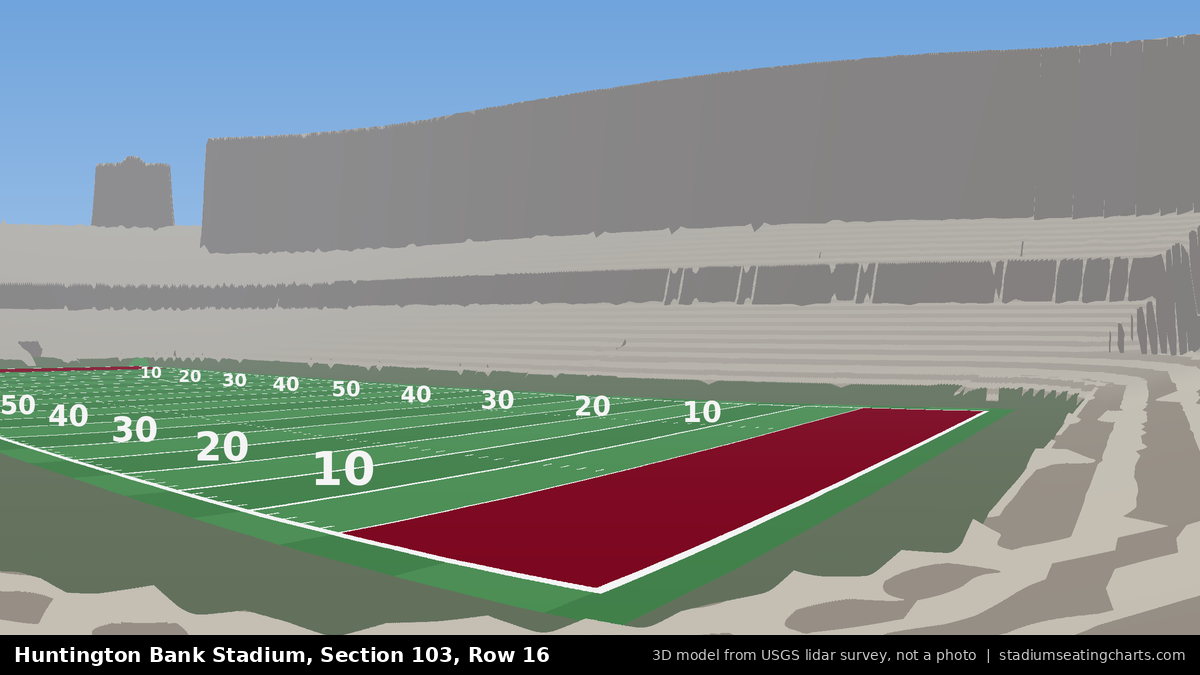 View from Huntington Bank Stadium Section 103, Row 16, looking toward the field