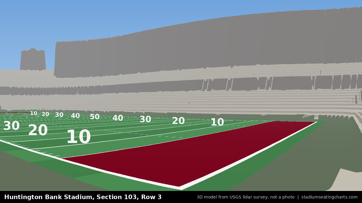 View from Huntington Bank Stadium Section 103, Row 3, looking toward the field
