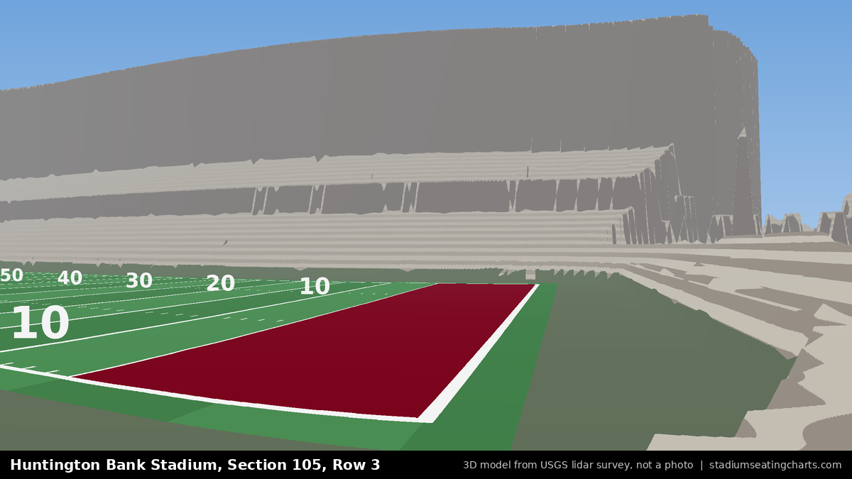 View from Huntington Bank Stadium Section 105, Row 3, looking toward the field