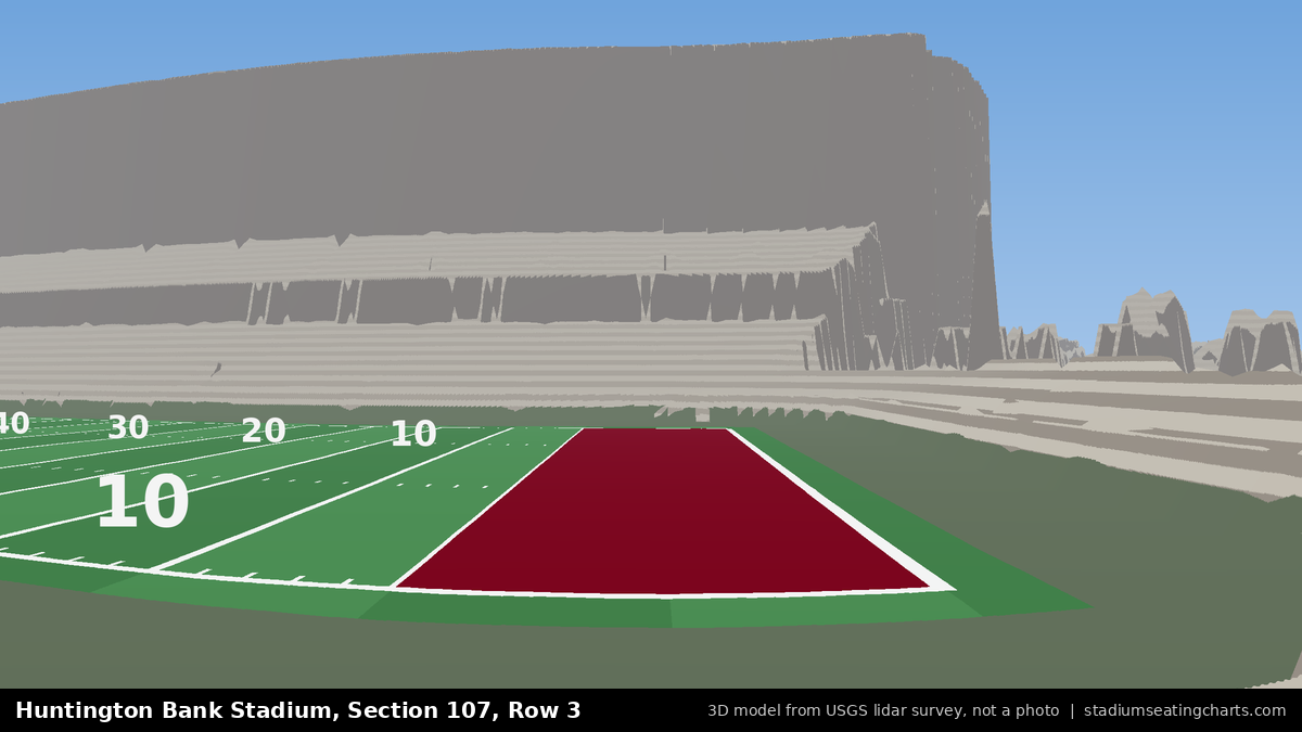 View from Huntington Bank Stadium Section 107, Row 3, looking toward the field