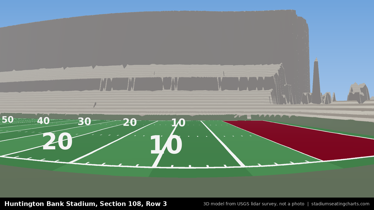 View from Huntington Bank Stadium Section 108, Row 3, looking toward the field