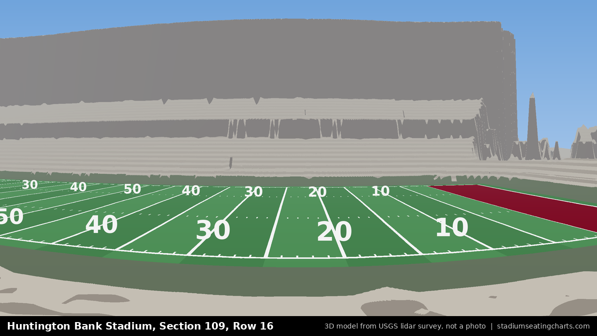 View from Huntington Bank Stadium Section 109, Row 16, looking toward the field