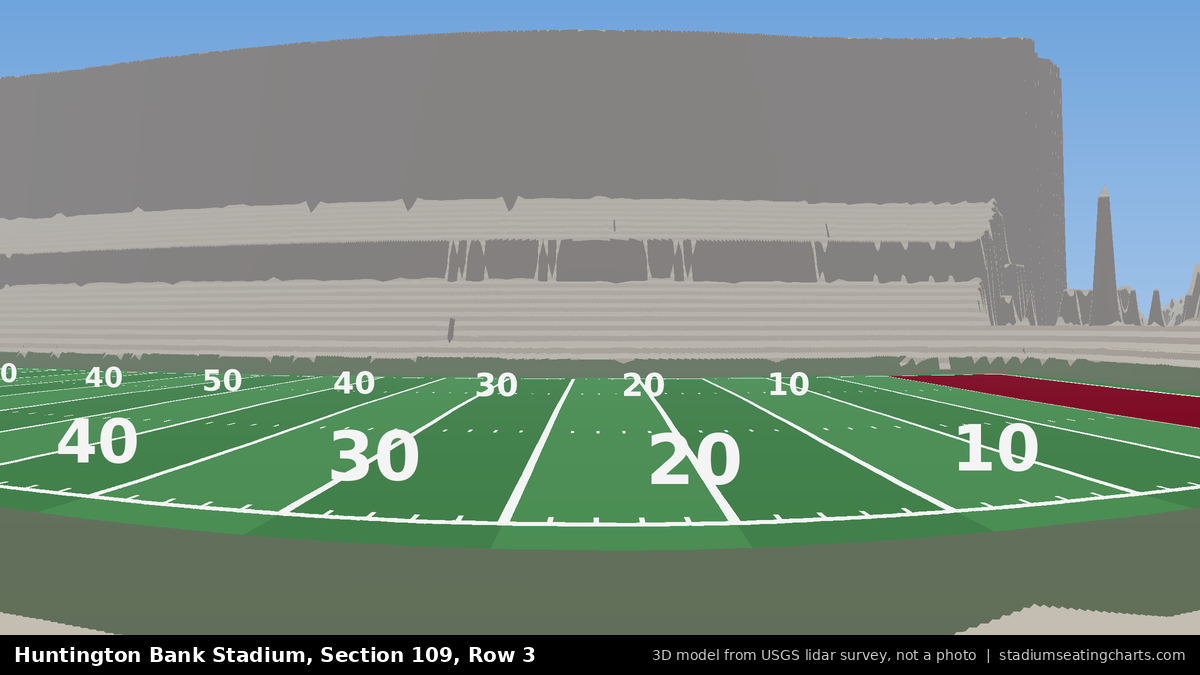 View from Huntington Bank Stadium Section 109, Row 3, looking toward the field