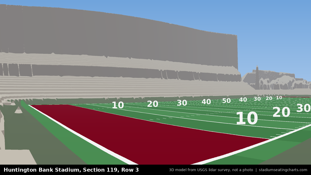View from Huntington Bank Stadium Section 119, Row 3, looking toward the field