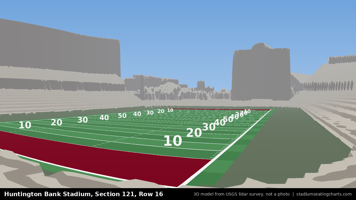 View from Huntington Bank Stadium Section 121, Row 16, looking toward the field