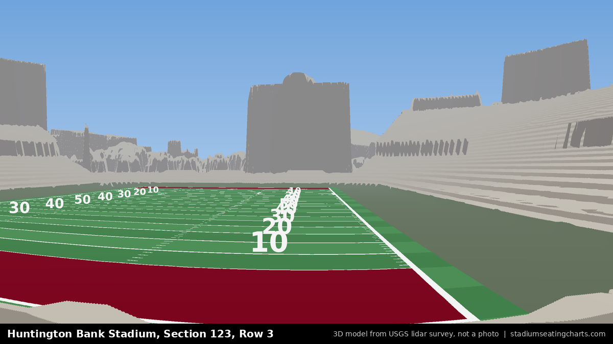 View from Huntington Bank Stadium Section 123, Row 3, looking toward the field