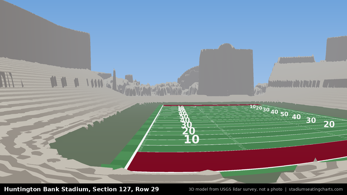 View from Huntington Bank Stadium Section 127, Row 29, looking toward the field