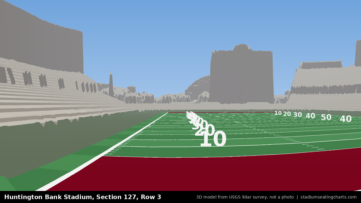 View from Huntington Bank Stadium Section 127, Row 3, looking toward the field