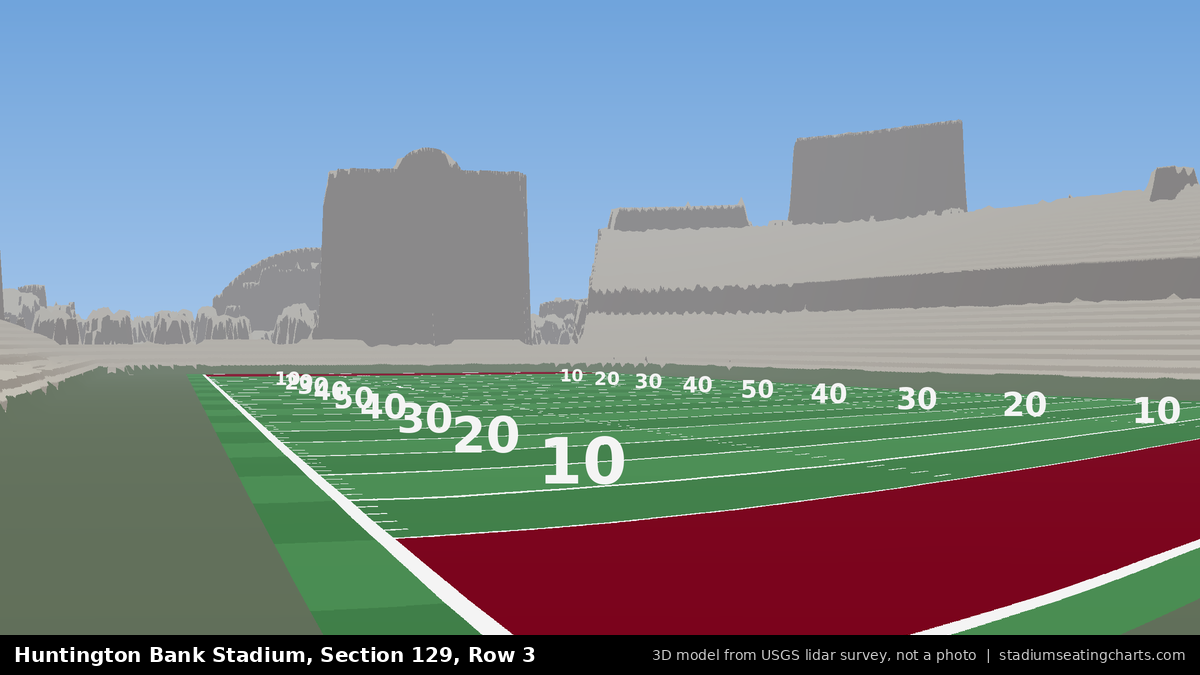 View from Huntington Bank Stadium Section 129, Row 3, looking toward the field