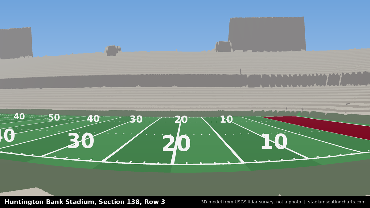 View from Huntington Bank Stadium Section 138, Row 3, looking toward the field