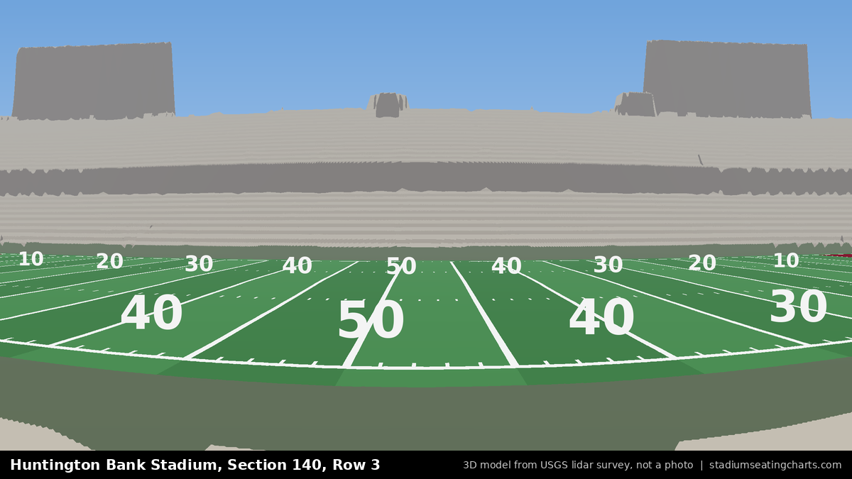 View from Huntington Bank Stadium Section 140, Row 3, looking toward the field