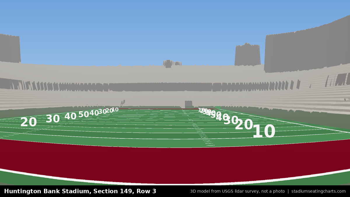 View from Huntington Bank Stadium Section 149, Row 3, looking toward the field