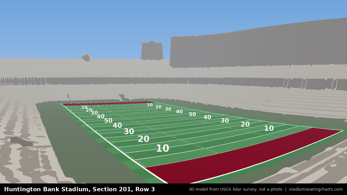 View from Huntington Bank Stadium Section 201, Row 3, looking toward the field