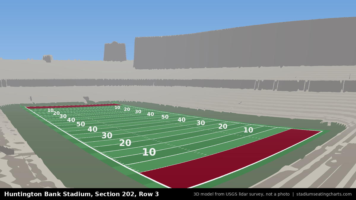 View from Huntington Bank Stadium Section 202, Row 3, looking toward the field