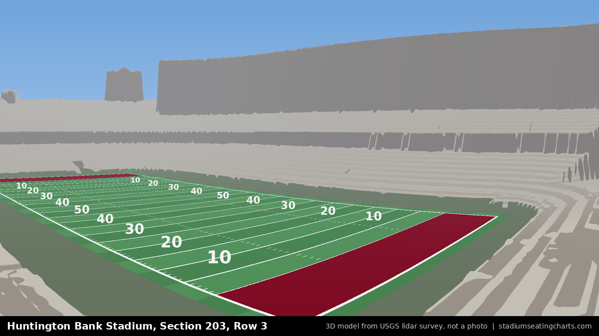 View from Huntington Bank Stadium Section 203, Row 3, looking toward the field