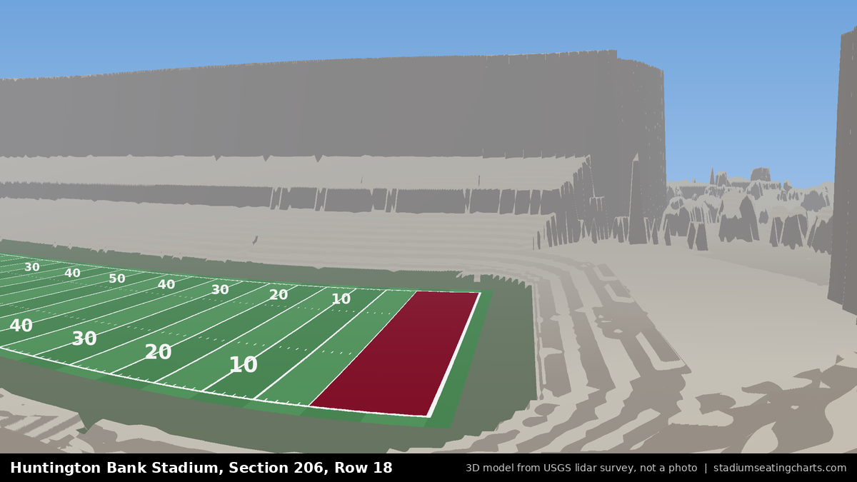 View from Huntington Bank Stadium Section 206, Row 18, looking toward the field