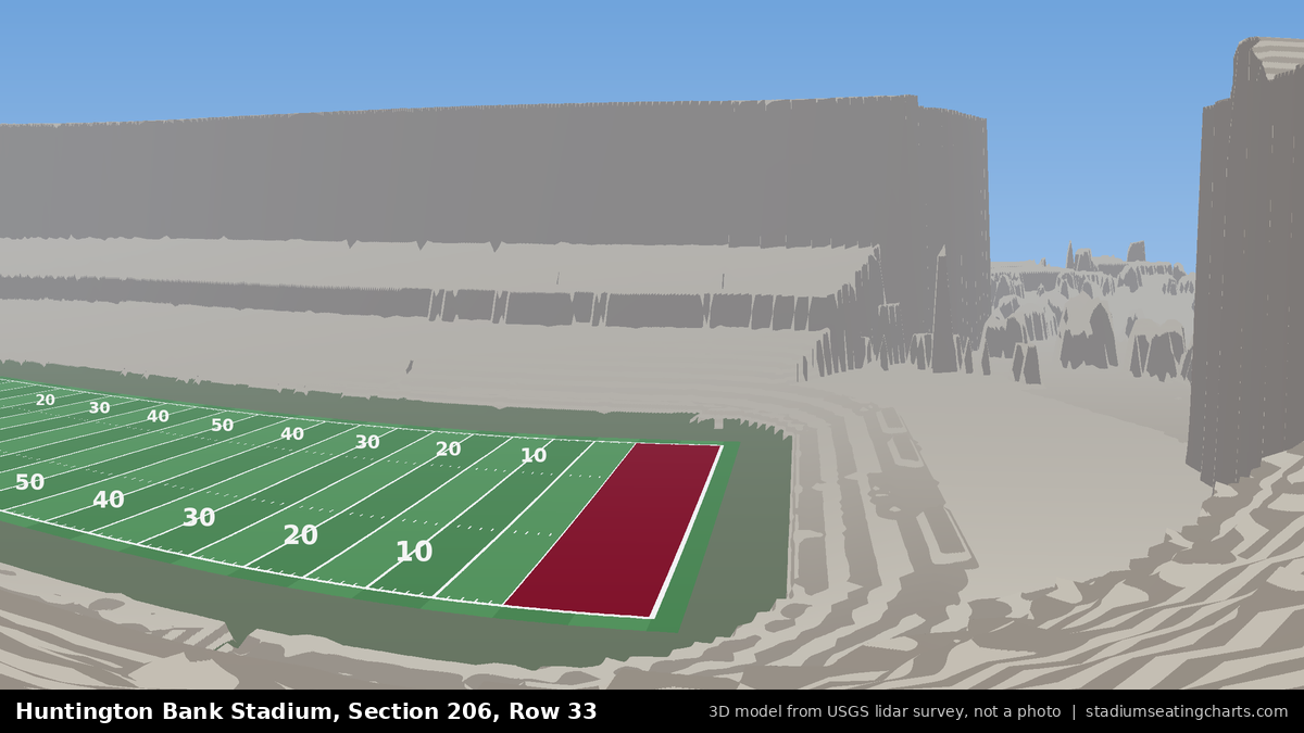 View from Huntington Bank Stadium Section 206, Row 33, looking toward the field