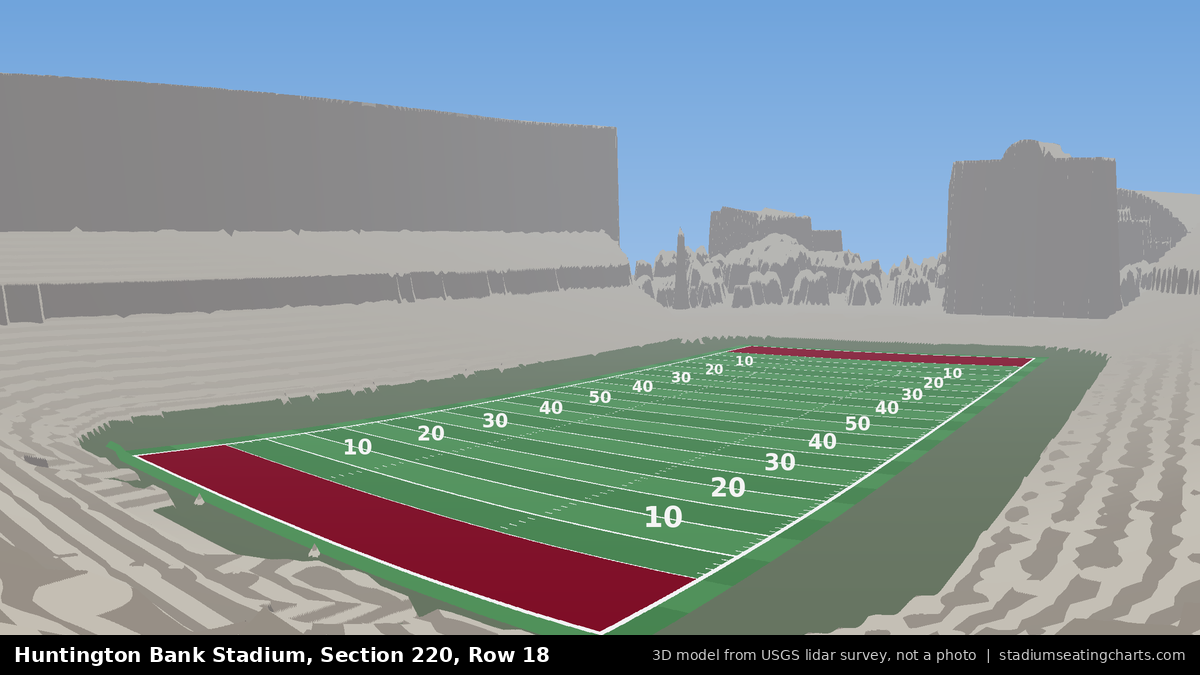 View from Huntington Bank Stadium Section 220, Row 18, looking toward the field